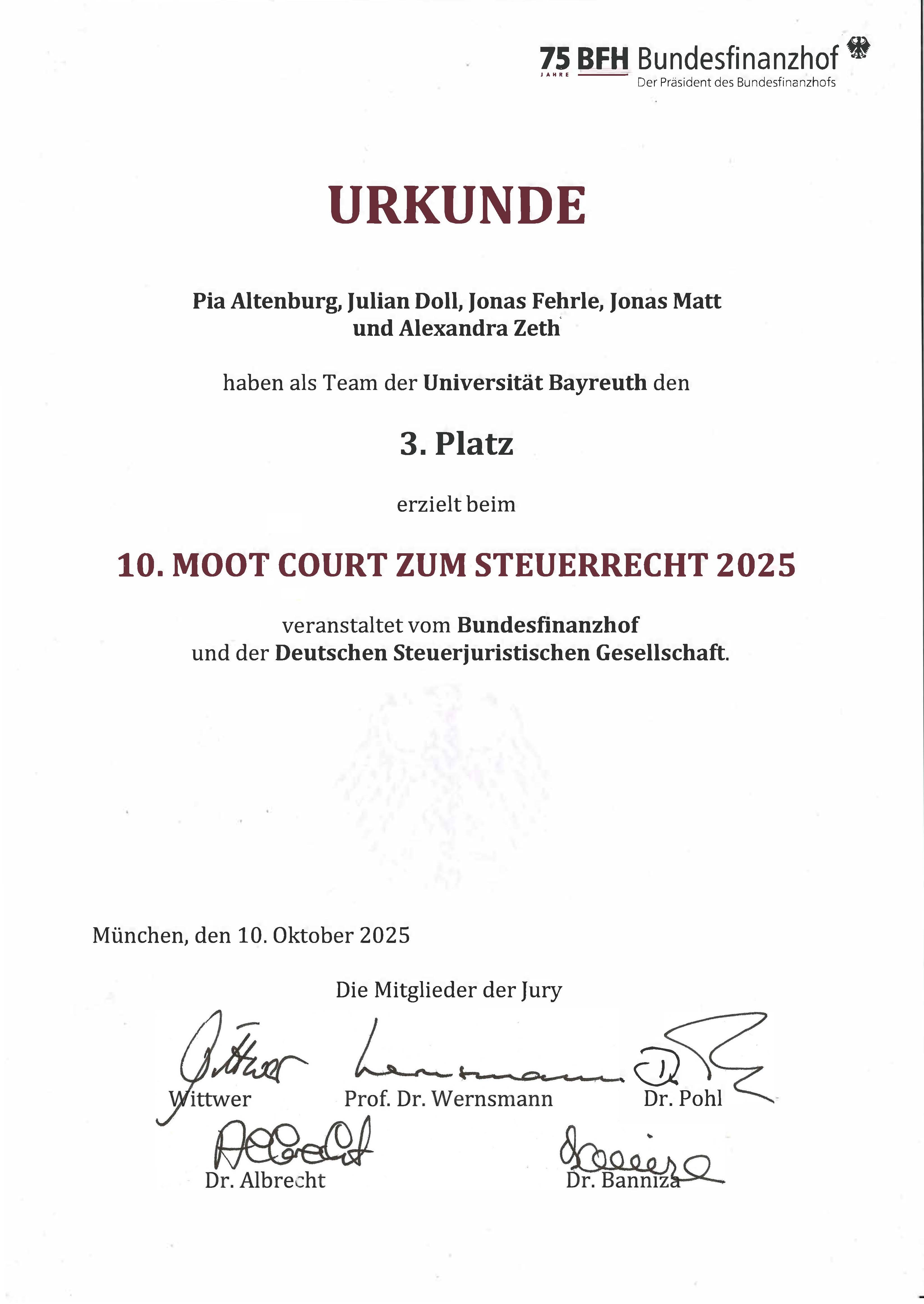 BFH Moot Court Urkunde 2025